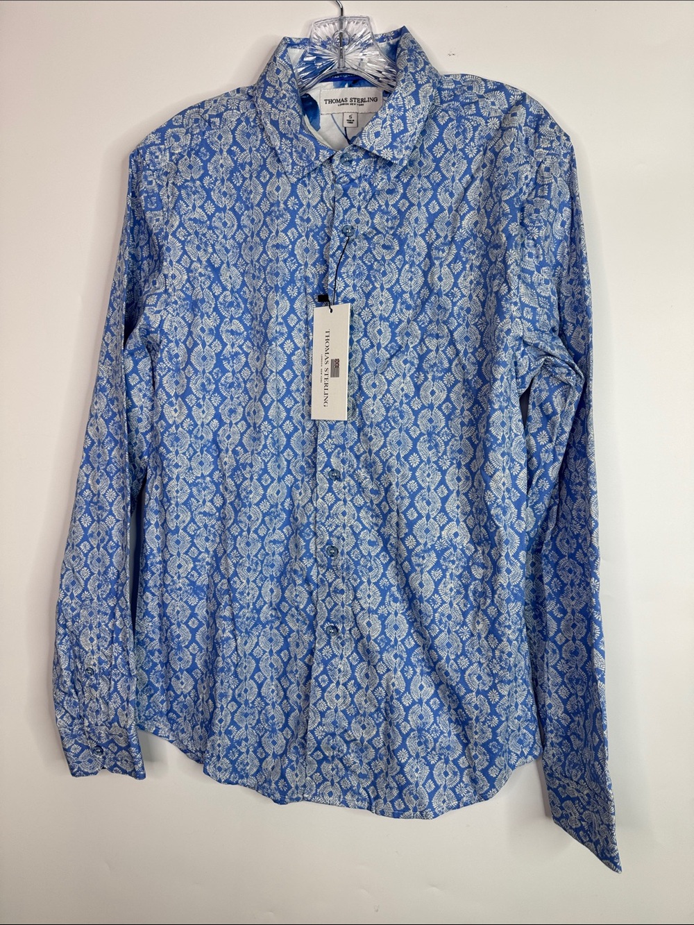 Thomas Sterling Tribal Geo Mineral Blue Long Sleeve Button Up Shirt Small NWT